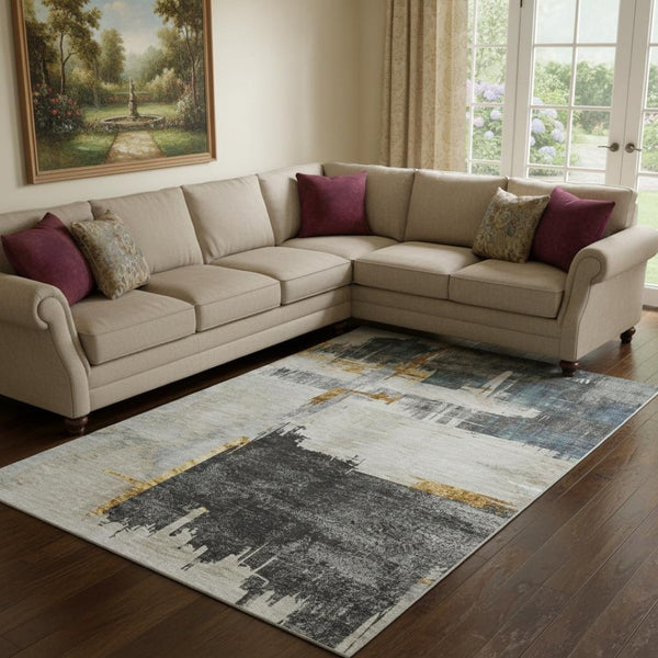 HomeRoots 8' X 10' Charcoal Ivory Gold Abstract Area Rug – Stylish, Washable, UV-Protected, Pet-Friendly Design! 652687