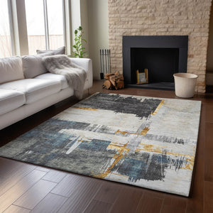 HomeRoots 9' X 12' Charcoal Ivory & Gold Abstract Area Rug – Washable, UV-Protected, Modern Elegance for Homes 652688