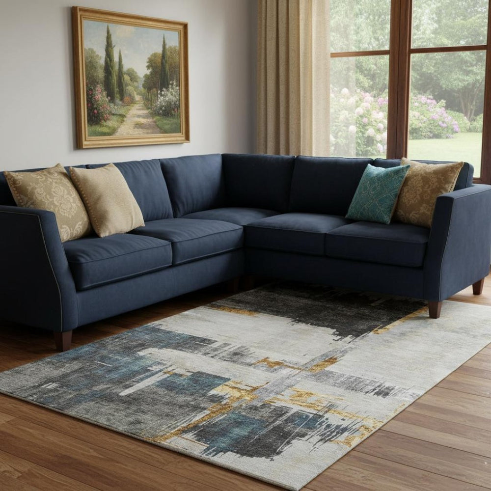 HomeRoots 9' X 12' Charcoal Ivory & Gold Abstract Area Rug – Washable, UV-Protected, Modern Elegance for Homes 652688