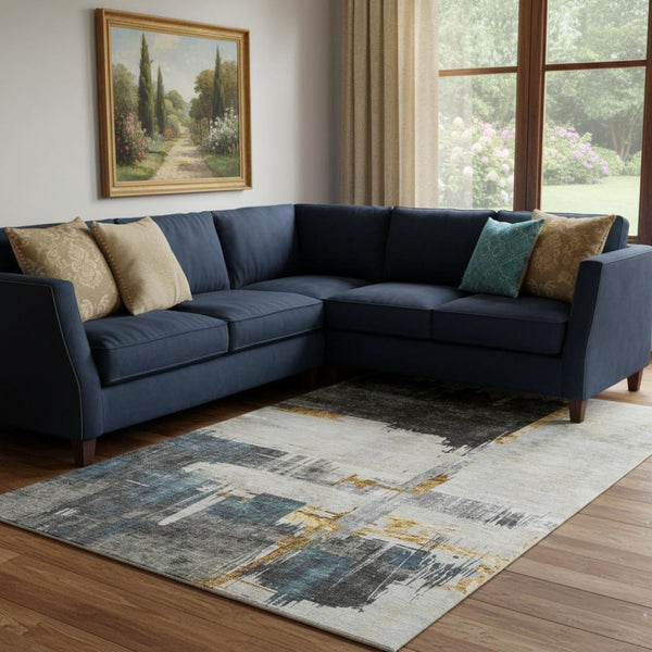HomeRoots 9' X 12' Charcoal Ivory & Gold Abstract Area Rug – Washable, UV-Protected, Modern Elegance for Homes 652688