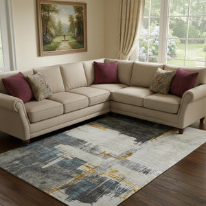 HomeRoots 10' Charcoal Ivory Gold Abstract Washable Area Rug - Durable, UV-Protected, Easy-Care Design for Homes 652689