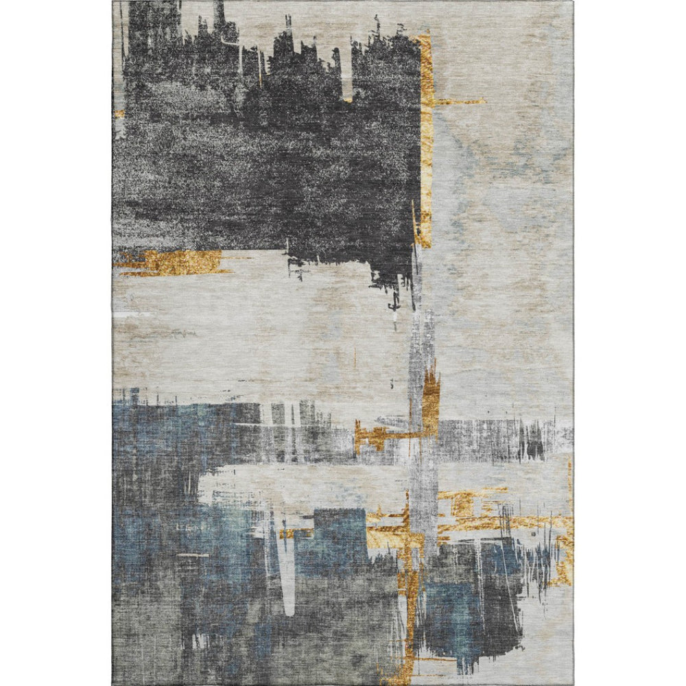 HomeRoots 10' Charcoal Ivory Gold Abstract Washable Area Rug - Durable, UV-Protected, Easy-Care Design for Homes 652689