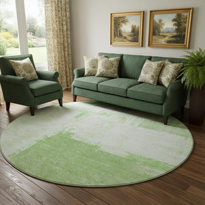 HomeRoots 8' Green and Ivory Abstract Round Rug - Washable, UV Protected, Durable for Homes with Kids & Pets 652692