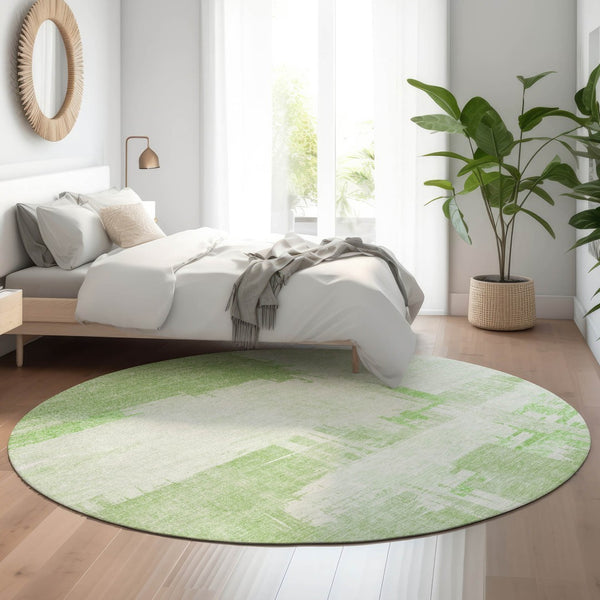 HomeRoots 8' Green and Ivory Abstract Round Rug - Washable, UV Protected, Durable for Homes with Kids & Pets 652692