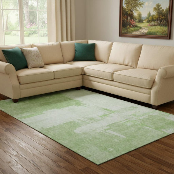 HomeRoots 10' X 14' Abstract Green & Ivory Washable Area Rug - UV Protection, Stain-Resistant, Durable Design 652695