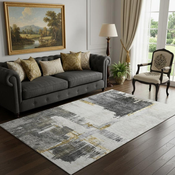 HomeRoots 5' X 8' Gray Gold Ivory Abstract Washable Area Rug - Stylish, Durable, UV Protected for Any Room 652697