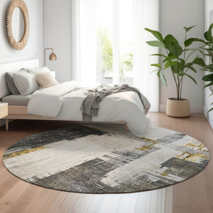 HomeRoots 8' Gray Gold and Ivory Abstract Washable Round Rug – Durable, Stylish, UV-Protected for Easy Care! 652698