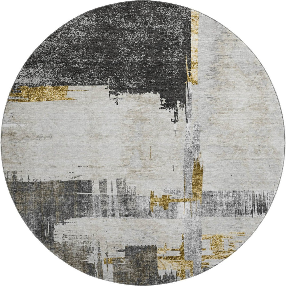 HomeRoots 8' Gray Gold and Ivory Abstract Washable Round Rug – Durable, Stylish, UV-Protected for Easy Care! 652698