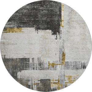 HomeRoots 8' Gray Gold and Ivory Abstract Washable Round Rug – Durable, Stylish, UV-Protected for Easy Care! 652698