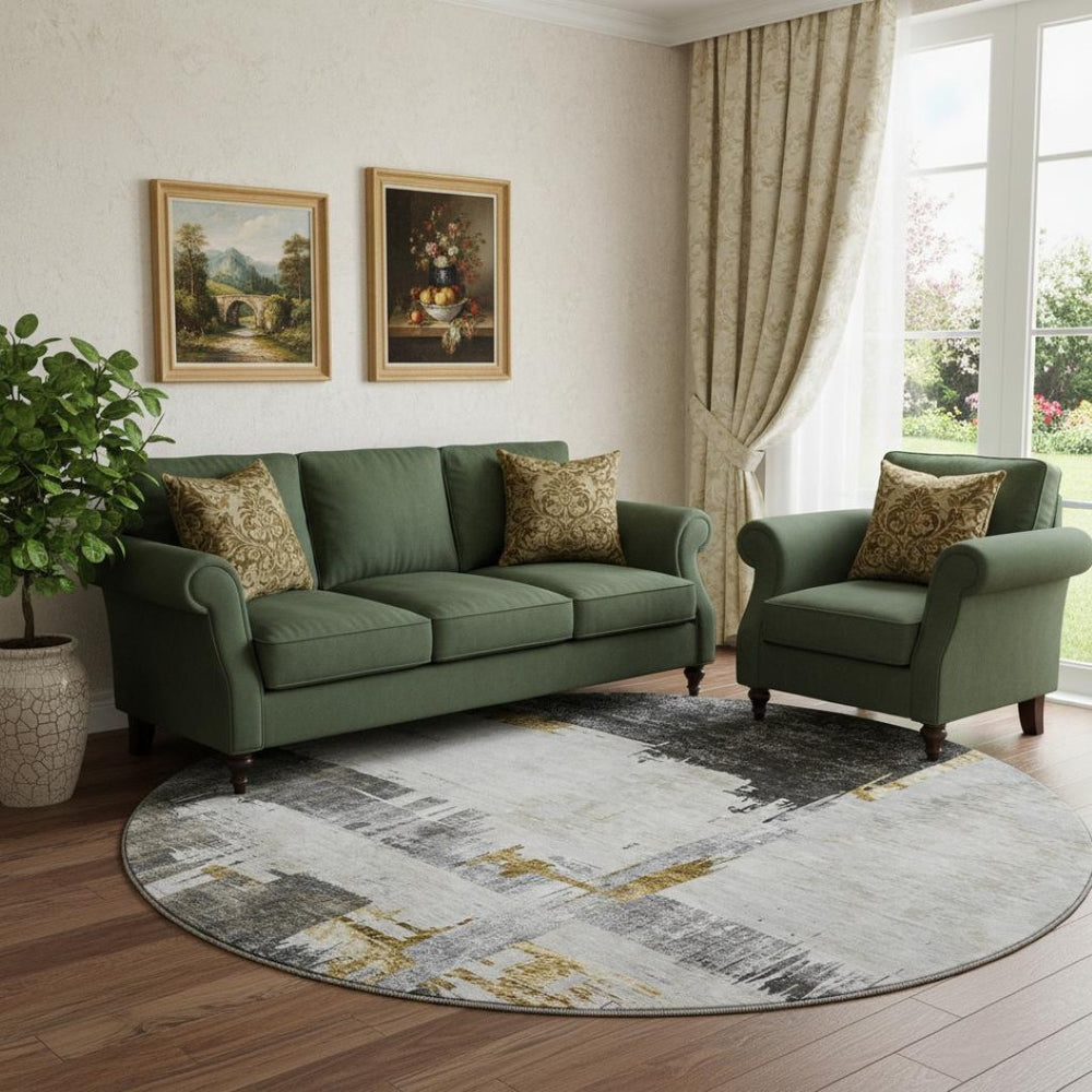 HomeRoots 8' Gray Gold and Ivory Abstract Washable Round Rug – Durable, Stylish, UV-Protected for Easy Care! 652698
