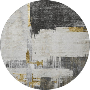 HomeRoots 8' Gray Gold and Ivory Abstract Washable Round Rug – Durable, Stylish, UV-Protected for Easy Care! 652698