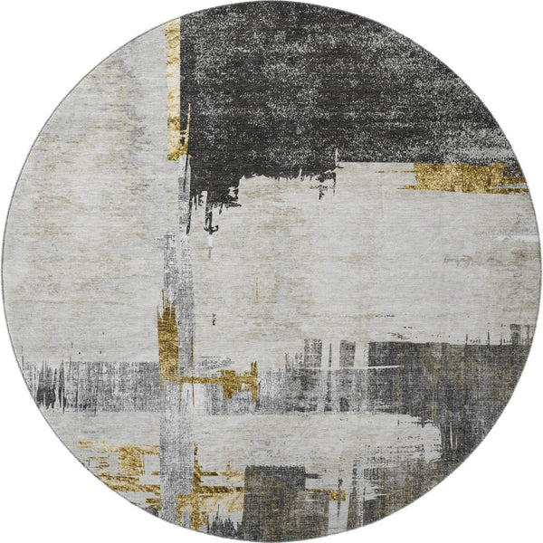 HomeRoots 8' Gray Gold and Ivory Abstract Washable Round Rug – Durable, Stylish, UV-Protected for Easy Care! 652698