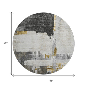 HomeRoots 8' Gray Gold and Ivory Abstract Washable Round Rug – Durable, Stylish, UV-Protected for Easy Care! 652698
