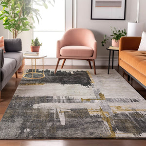 HomeRoots 8' X 10' Gray Gold Ivory Abstract Area Rug - Stylish, Washable, UV-Protected for High-Traffic Spaces 652699