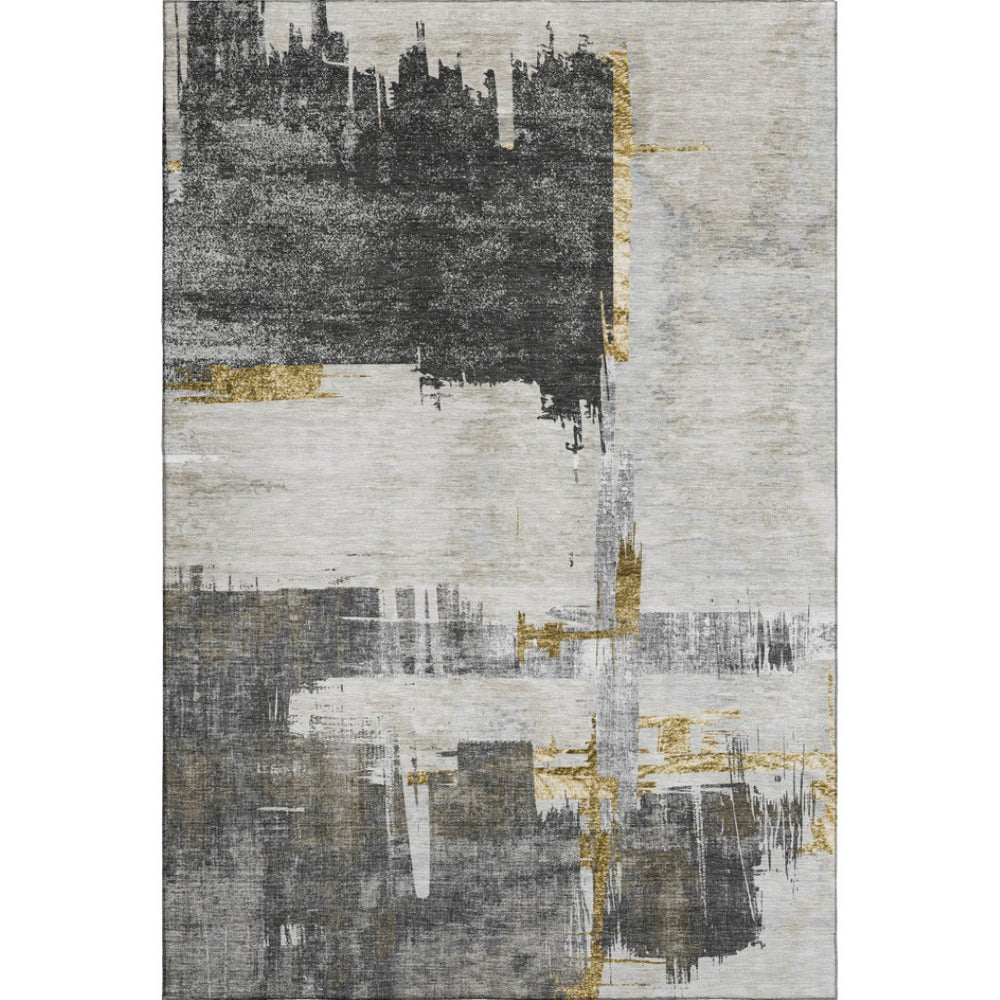 HomeRoots 8' X 10' Gray Gold Ivory Abstract Area Rug - Stylish, Washable, UV-Protected for High-Traffic Spaces 652699