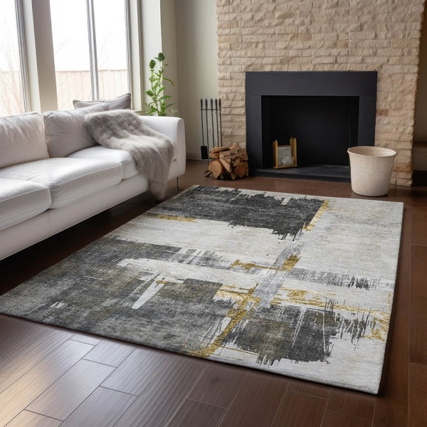 HomeRoots 8' X 10' Gray Gold Ivory Abstract Area Rug - Stylish, Washable, UV-Protected for High-Traffic Spaces 652699