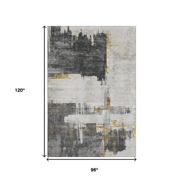 HomeRoots 8' X 10' Gray Gold Ivory Abstract Area Rug - Stylish, Washable, UV-Protected for High-Traffic Spaces 652699