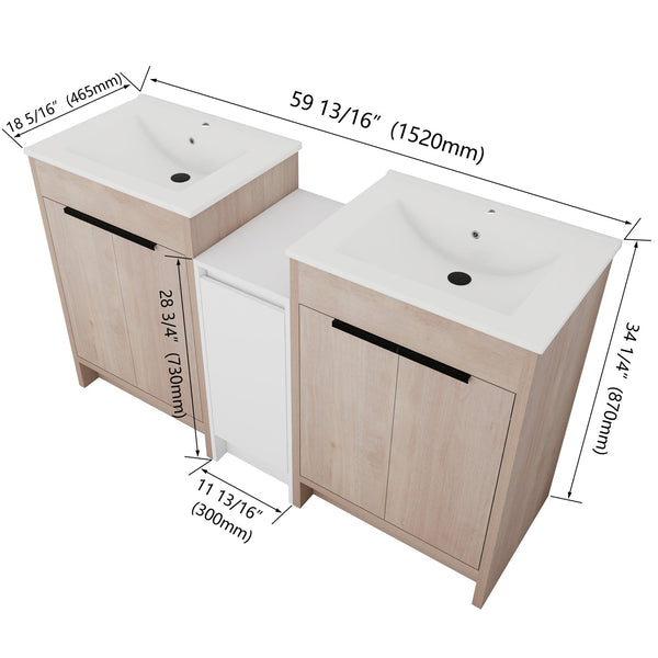 English Elm 60 Inch Freestanding Bathroom Vanity With Ceramic Sink, Soft-Close Doors & Ample Storage Space W999S00316