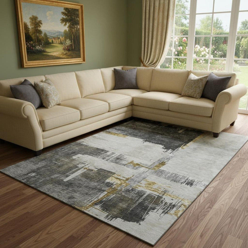 HomeRoots 9' X 12' Gray Gold Ivory Abstract Washable Area Rug - Stylish, Stain-Resistant, UV-Protected Design! 652700