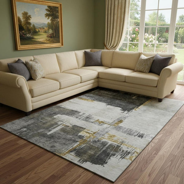 HomeRoots 9' X 12' Gray Gold Ivory Abstract Washable Area Rug - Stylish, Stain-Resistant, UV-Protected Design! 652700