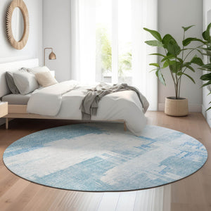 HomeRoots 8' Sky Blue and Ivory Abstract Round Rug - Washable, UV-Protected, Durable for Families & Pets 652704