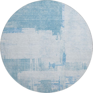 HomeRoots 8' Sky Blue and Ivory Abstract Round Rug - Washable, UV-Protected, Durable for Families & Pets 652704