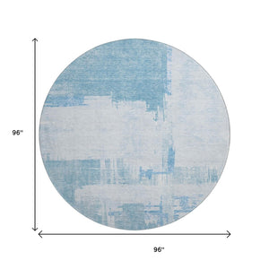 HomeRoots 8' Sky Blue and Ivory Abstract Round Rug - Washable, UV-Protected, Durable for Families & Pets 652704