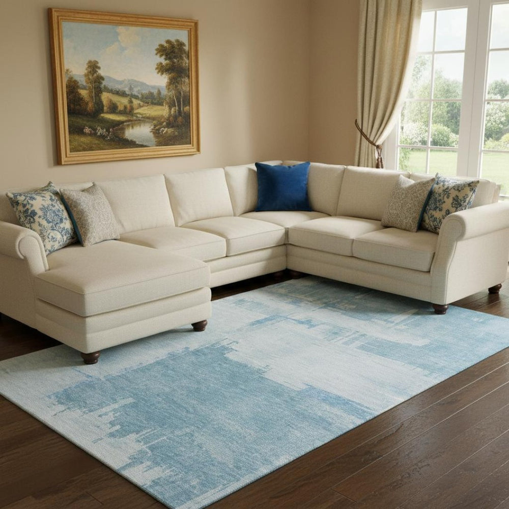 HomeRoots 8' X 10' Sky Blue & Ivory Abstract Washable Area Rug - UV Protected, Stain-Resistant, Durable Design! 652705