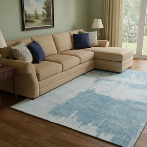 HomeRoots 10' Sky Blue & Ivory Abstract Area Rug - Washable, UV-Protected, Stain-Resistant for Family Spaces 652707