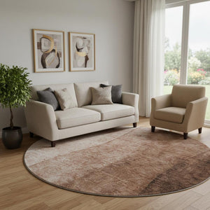 HomeRoots 8' Brown & Beige Ombre Round Rug - Washable, UV-Protected, Stain-Resistant for High-Traffic Areas 652710