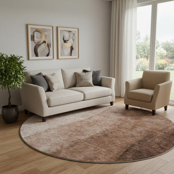 HomeRoots 8' Brown & Beige Ombre Round Rug - Washable, UV-Protected, Stain-Resistant for High-Traffic Areas 652710