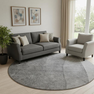 HomeRoots 8' Gray and Ivory Ombre Round Rug – Stylish, Washable, UV-Protected for Modern Living Spaces 652722