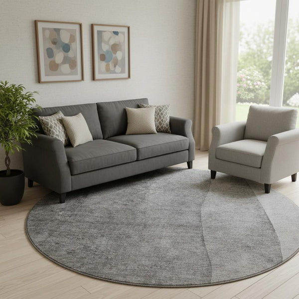 HomeRoots 8' Gray and Ivory Ombre Round Rug – Stylish, Washable, UV-Protected for Modern Living Spaces 652722