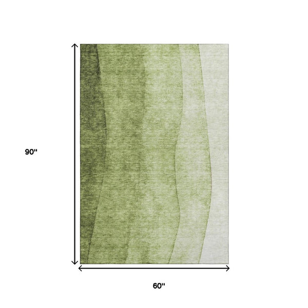HomeRoots 5' Olive Green to Ivory Ombre Washable Area Rug - Durable, UV Protected, Perfect for Busy Homes 652733