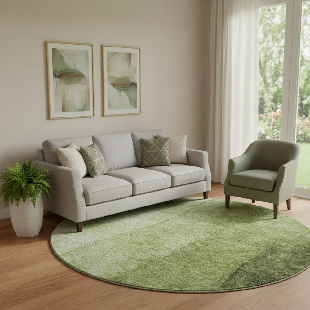 HomeRoots 8' Olive Green to Ivory Ombre Round Rug - Soft, Durable, UV-Protected for High-Traffic Spaces 652734