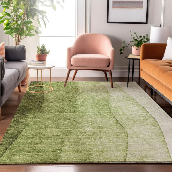 HomeRoots 9' X 12' Olive Green to Ivory Ombre Area Rug - Washable, UV Protected, Stain Resistant for Modern Homes 652736
