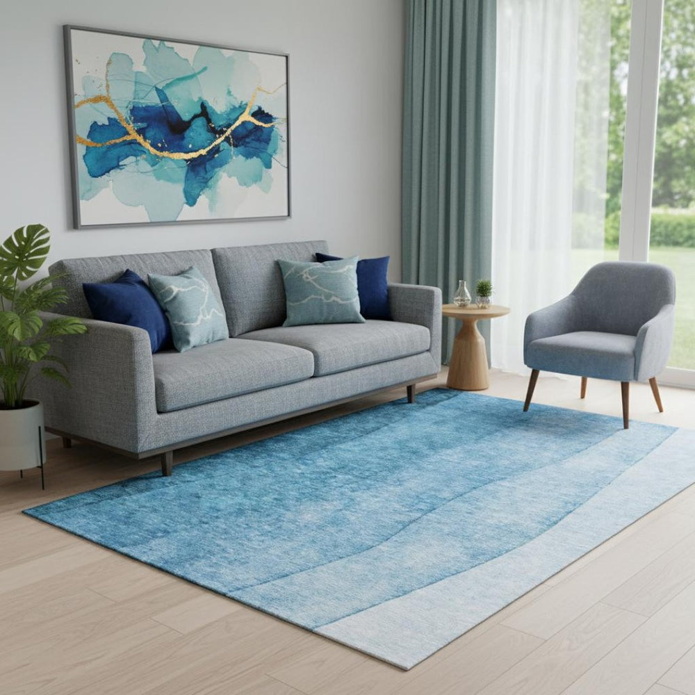 HomeRoots 5' Teal and Ivory Ombre Area Rug - Washable, UV Protected, Durable Design for High-Traffic Spaces 652751