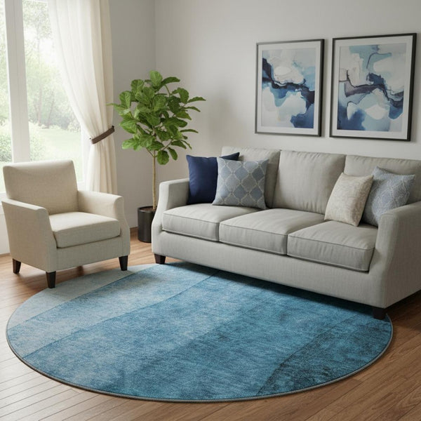 HomeRoots 8' Teal Ombre Round Rug – Washable, Stain Resistant, UV Protected for Stylish Home & Outdoor Living 652752