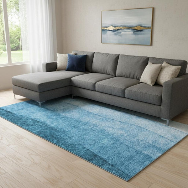 HomeRoots 9' X 12' Teal-Ivory Ombre Washable Area Rug - Durable, UV-Protected, Modern Design for Any Space 652754