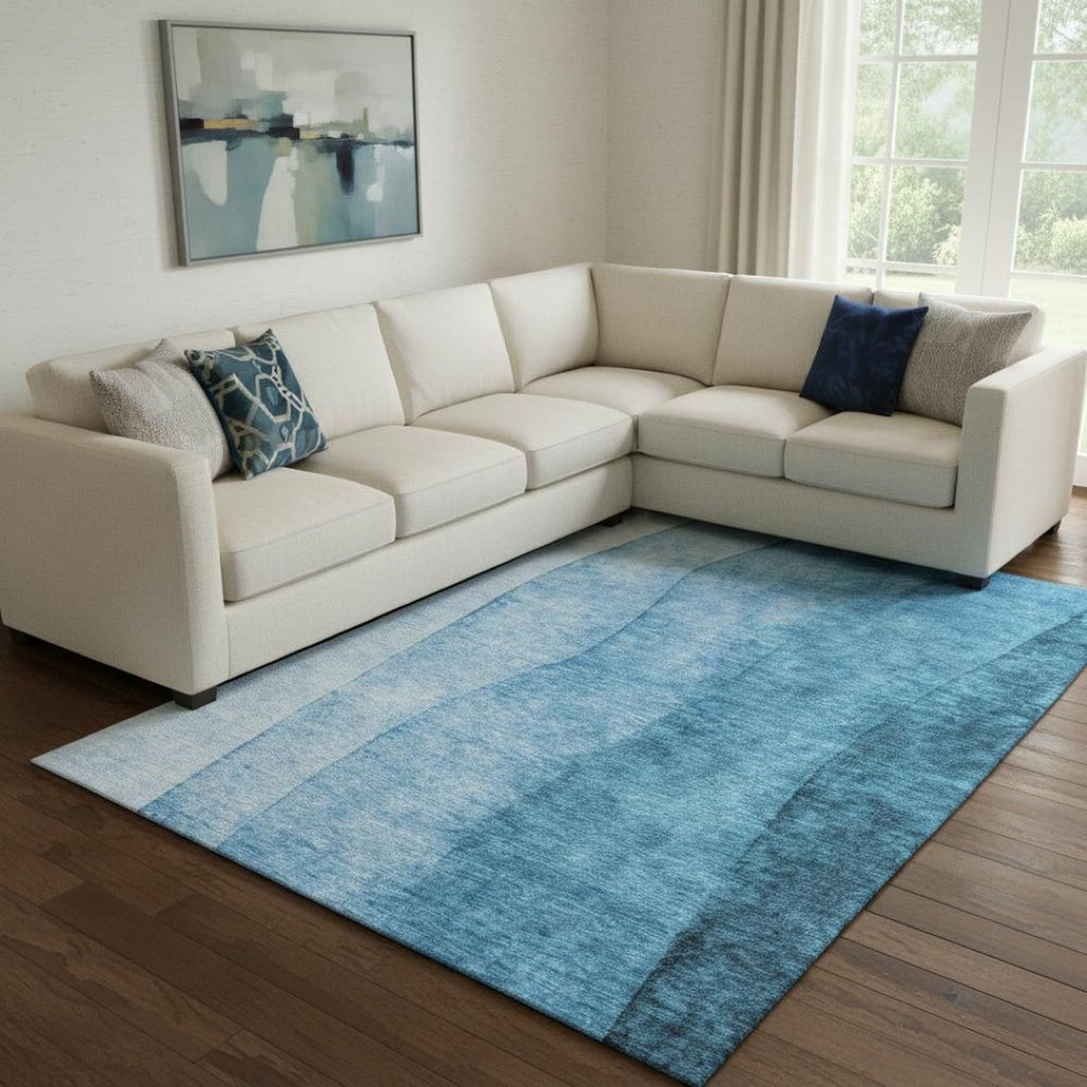 HomeRoots 10' X 14' Teal Ombre Area Rug – Washable, Stain-Resistant, UV Protected for Family Spaces & Style 652755