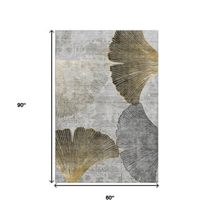 HomeRoots 5' X 8' Floral Area Rug in Gray, Gold & Ivory - Washable, UV-Protected, Durable Design for All Spaces 652763