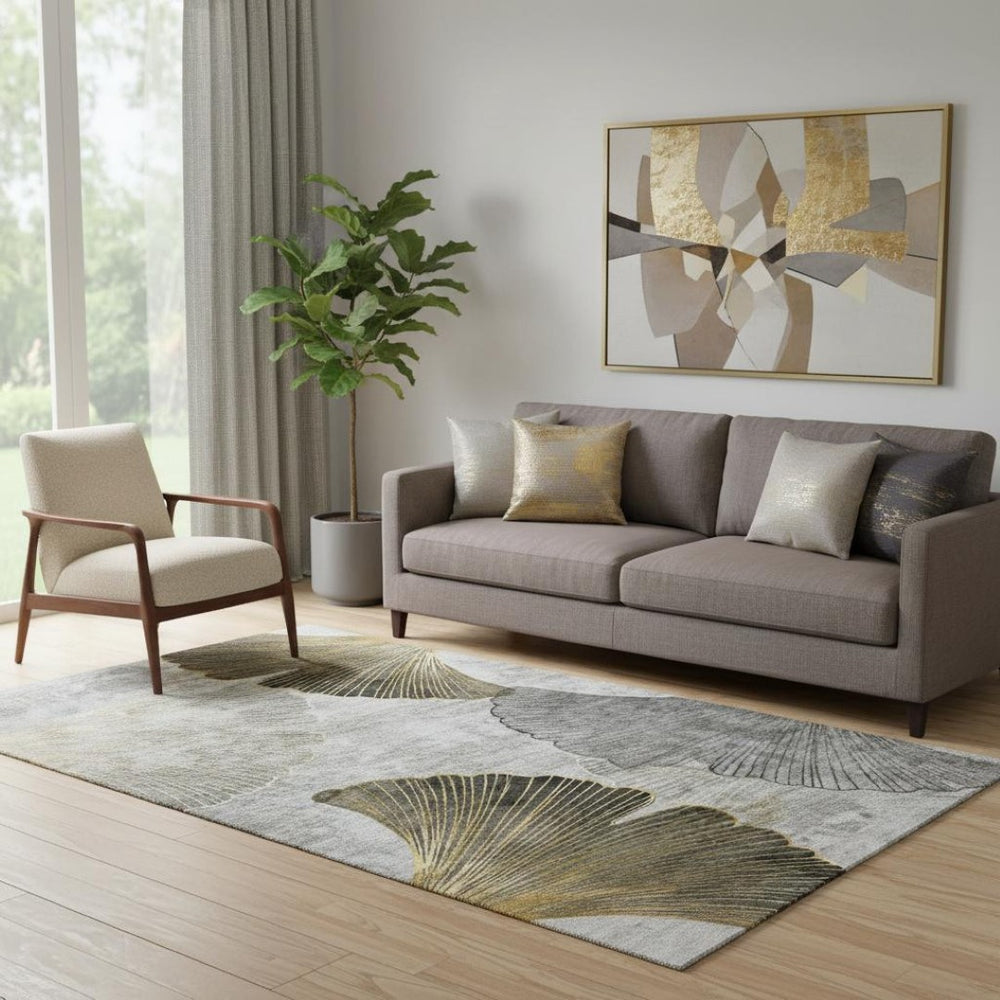 HomeRoots 5' X 8' Floral Area Rug in Gray, Gold & Ivory - Washable, UV-Protected, Durable Design for All Spaces 652763
