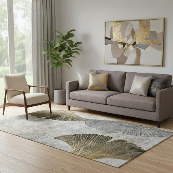 HomeRoots 5' X 8' Floral Area Rug in Gray, Gold & Ivory - Washable, UV-Protected, Durable Design for All Spaces 652763