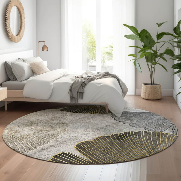 HomeRoots 8' Gray Gold Ivory Floral Washable Round Rug - UV Protected, Durable, Stylish, Easy Care for Homes 652764