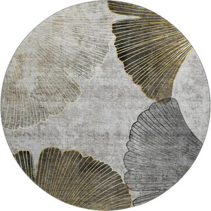 HomeRoots 8' Gray Gold Ivory Floral Washable Round Rug - UV Protected, Durable, Stylish, Easy Care for Homes 652764