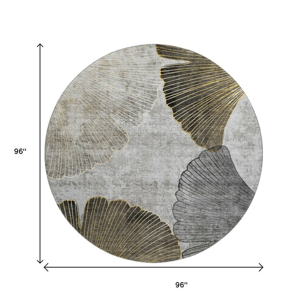 HomeRoots 8' Gray Gold Ivory Floral Washable Round Rug - UV Protected, Durable, Stylish, Easy Care for Homes 652764