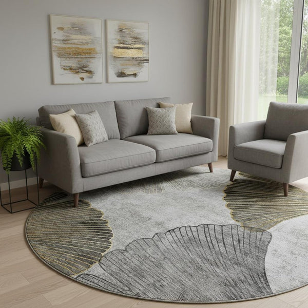 HomeRoots 8' Gray Gold Ivory Floral Washable Round Rug - UV Protected, Durable, Stylish, Easy Care for Homes 652764