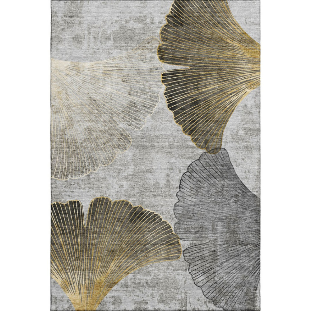 HomeRoots 8' X 10' Gray Gold Ivory Floral Area Rug – Washable, UV-Protected, Stain-Resistant for Modern Homes 652765