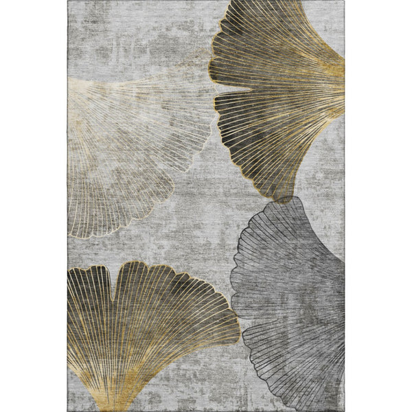 HomeRoots 8' X 10' Gray Gold Ivory Floral Area Rug – Washable, UV-Protected, Stain-Resistant for Modern Homes 652765