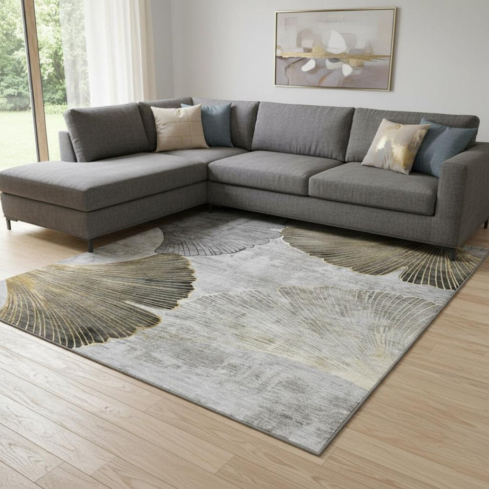 HomeRoots 8' X 10' Gray Gold Ivory Floral Area Rug – Washable, UV-Protected, Stain-Resistant for Modern Homes 652765